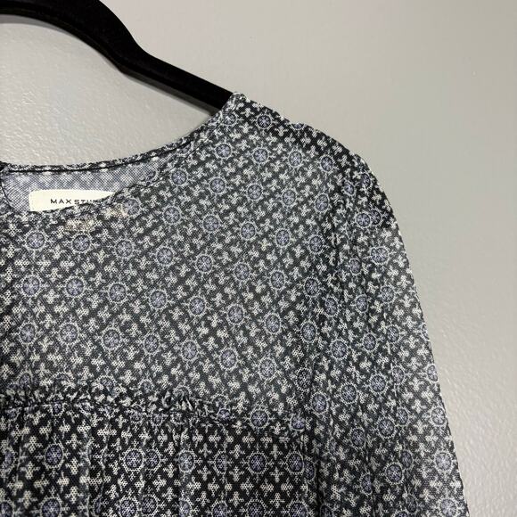 Max Studio Women's Boho Peasant Gray & Blue Printed Top - Size Medium - Sheer - Picture 2 of 6